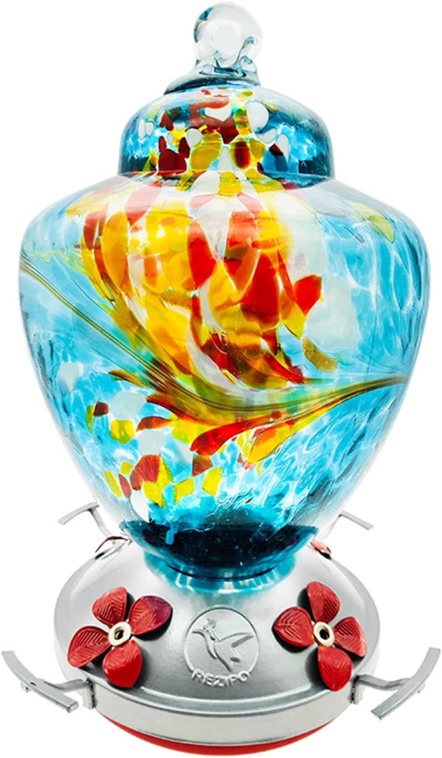Backyard Birding & Wildlife - REZIPO Hummingbird Feeder with Perch - Hand Blown Glass - Blue - 38 Fluid Ounces Hummingbird Nectar Capacity Include Hanging Wires and Moat Hook