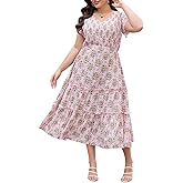Keluummi Plus Size Summer Maxi Wedding Guest Dress for Curvy Women, Casual Boho Flutter Sleeve Long A Line Sundress, Pockets