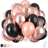 Rose Gold and Black Balloons Set, 12 inch Metallic Rose Gold Balloons Pearl Rose Gold Confetti Balloons Black Latex Balloons Party Balloons for Birthday Baby Shower Wedding Party Decorations