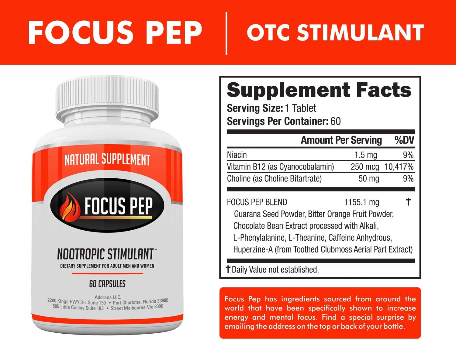 Addrena Focus Pep OTC Stimulants Brain Boosting Dietary Supplement