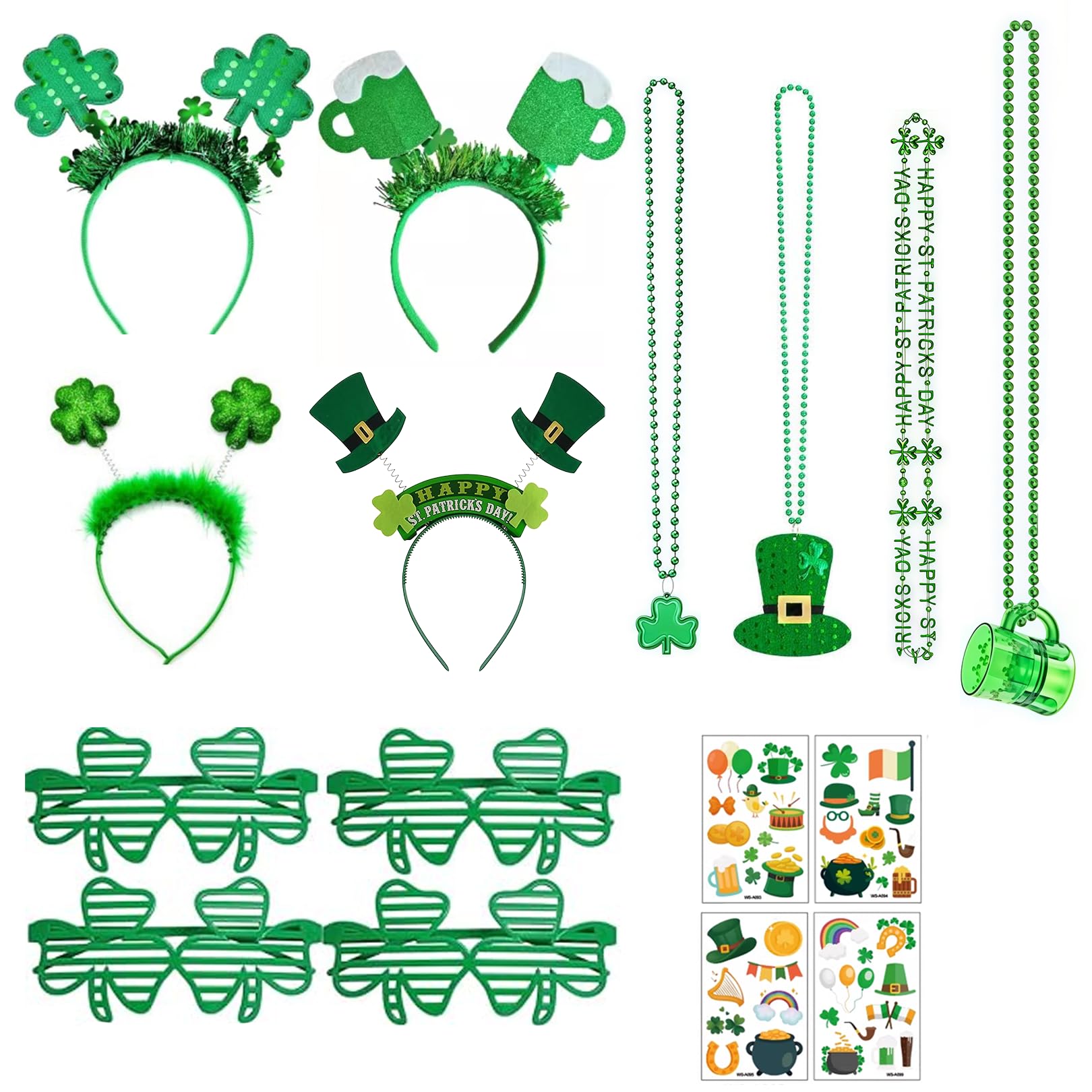 Solihigh 16Pcs St Patricks Day Accessories for Women, Green Headband Shamrock Eyewear Necklace Tattoo Stickers Photo Props Supplies, St Patricks Day Fancy Dress Suitable for Leprechaun Irish Party