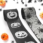 Threetols 2 Rolls 10 Yards Halloween Wired Edge Ribbon, 2.5inch Black Spider Web Burlap Ribbon, Gray Pumpkin Ribbon for Halloween Party DIY Craft Home Wreaths Bow Decor