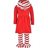 Unique Baby Girls Kids Toddler 3pc Outfit Set Long Sleeve Tunic Top Ruffle Leggings and Scarf