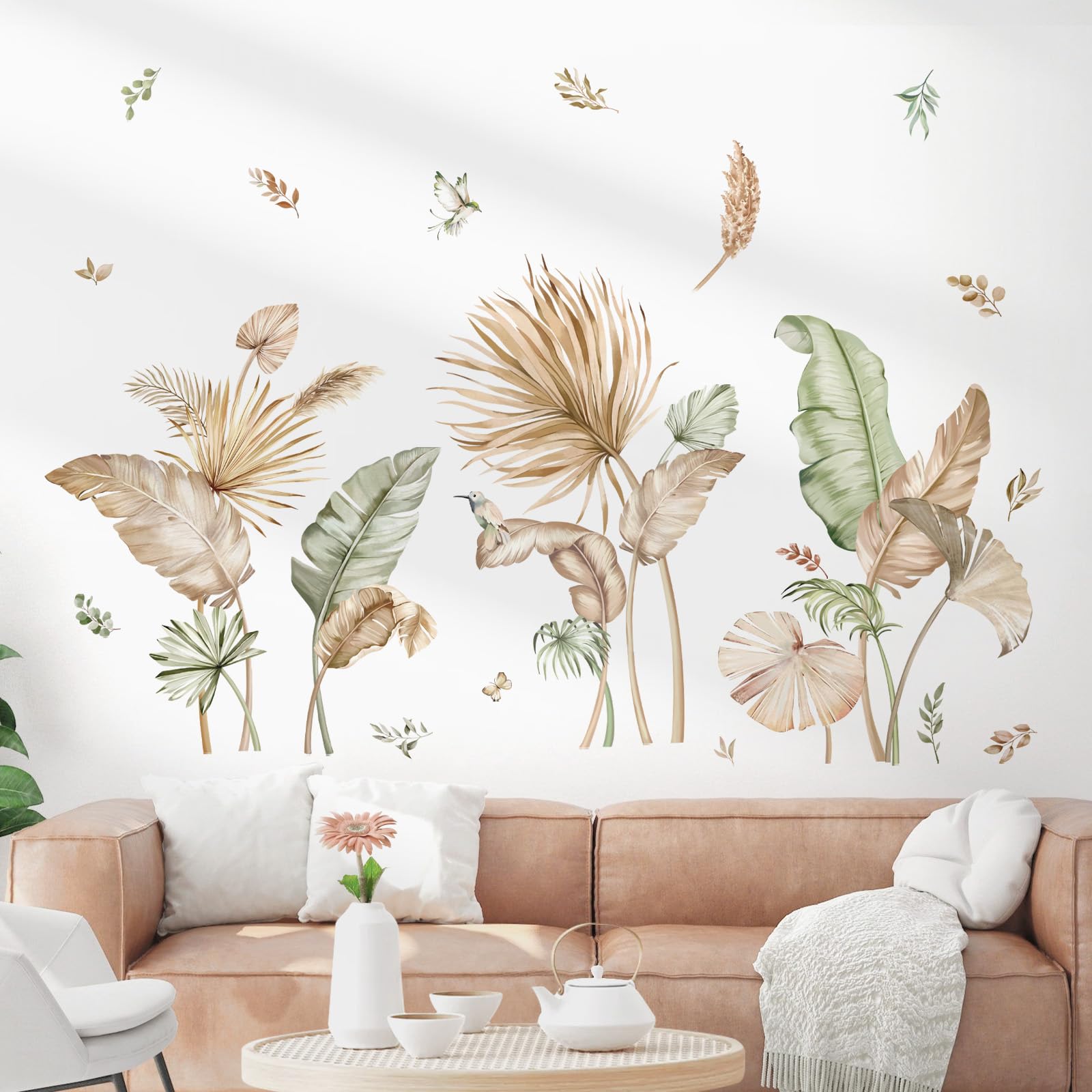 decalmile Boho Tropical Leaves Wall Decals Palm Leaf Green Plants Wall Art Stickers Living Room Sofa TV Background Wall Decor