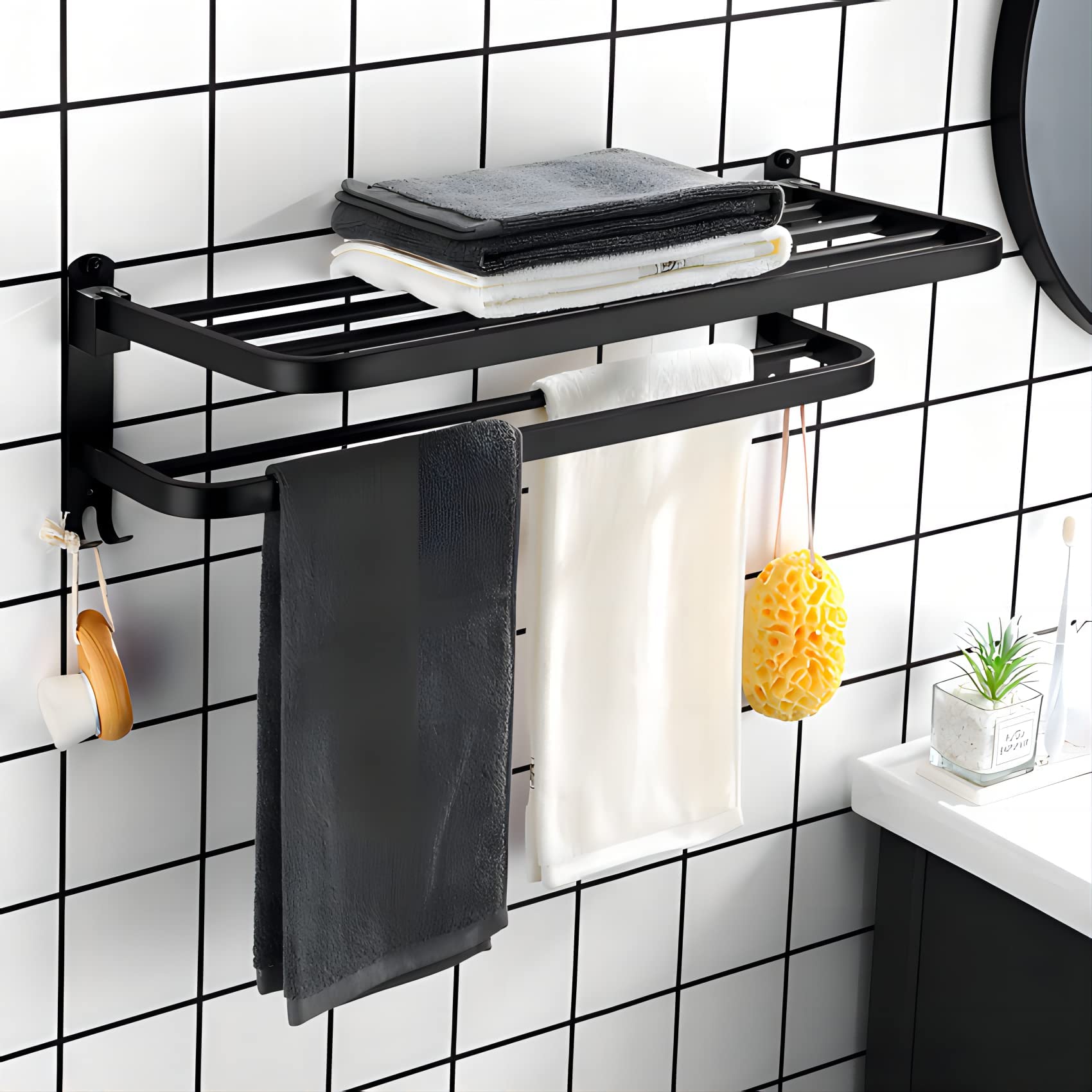 yozhch Towel Shelf for Bathroom, Wall Mounted Towel Rack Stainless Steel, Double Black Towel Rails with Shelf, Foldable Towel Holder with Hooks (15-Inch)