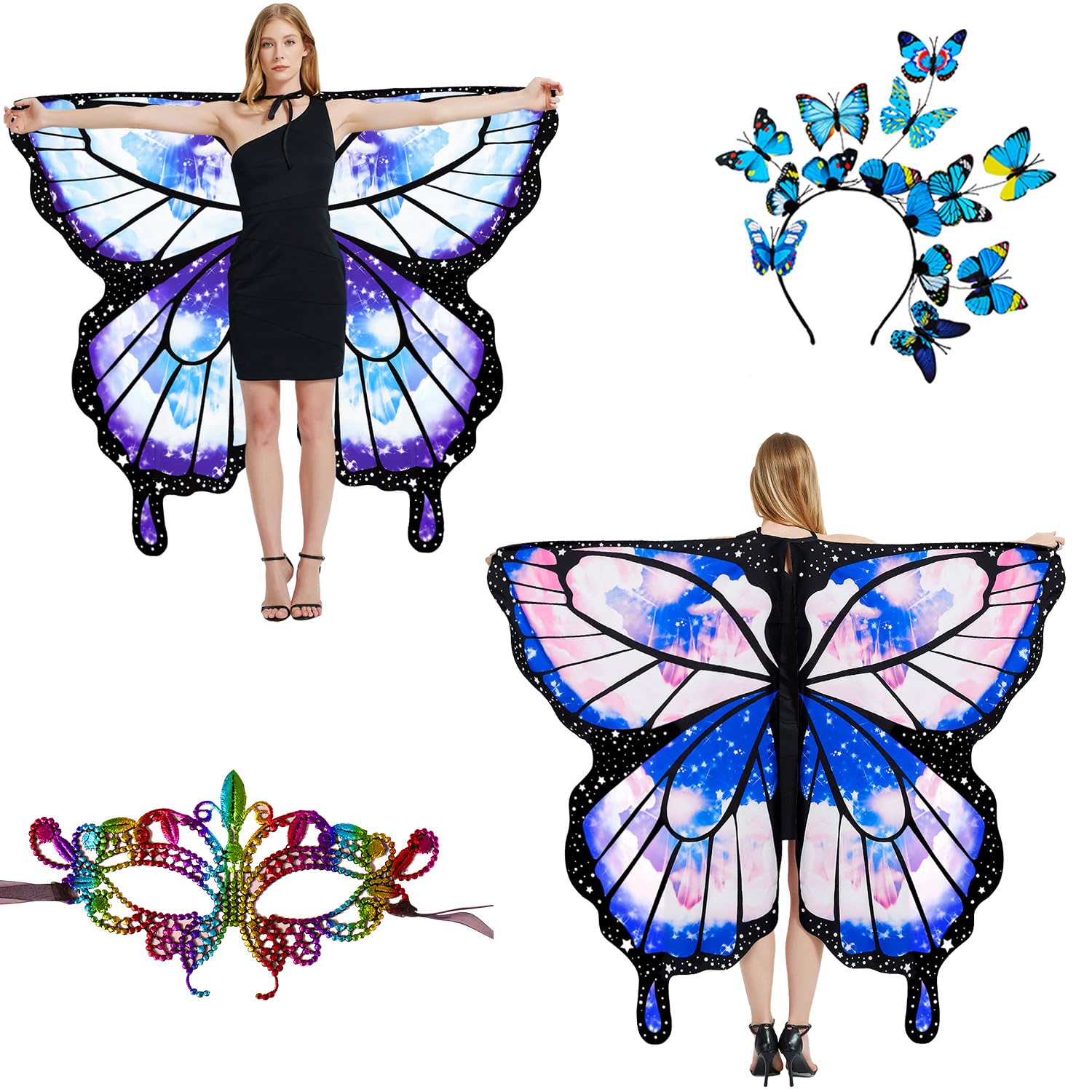 LYL. Ling Halloween Costumes Adult Women，Double-Sided Butterfly Wings Adults，Butterfly Costume for Women，3PCS Fairy Wings Set.