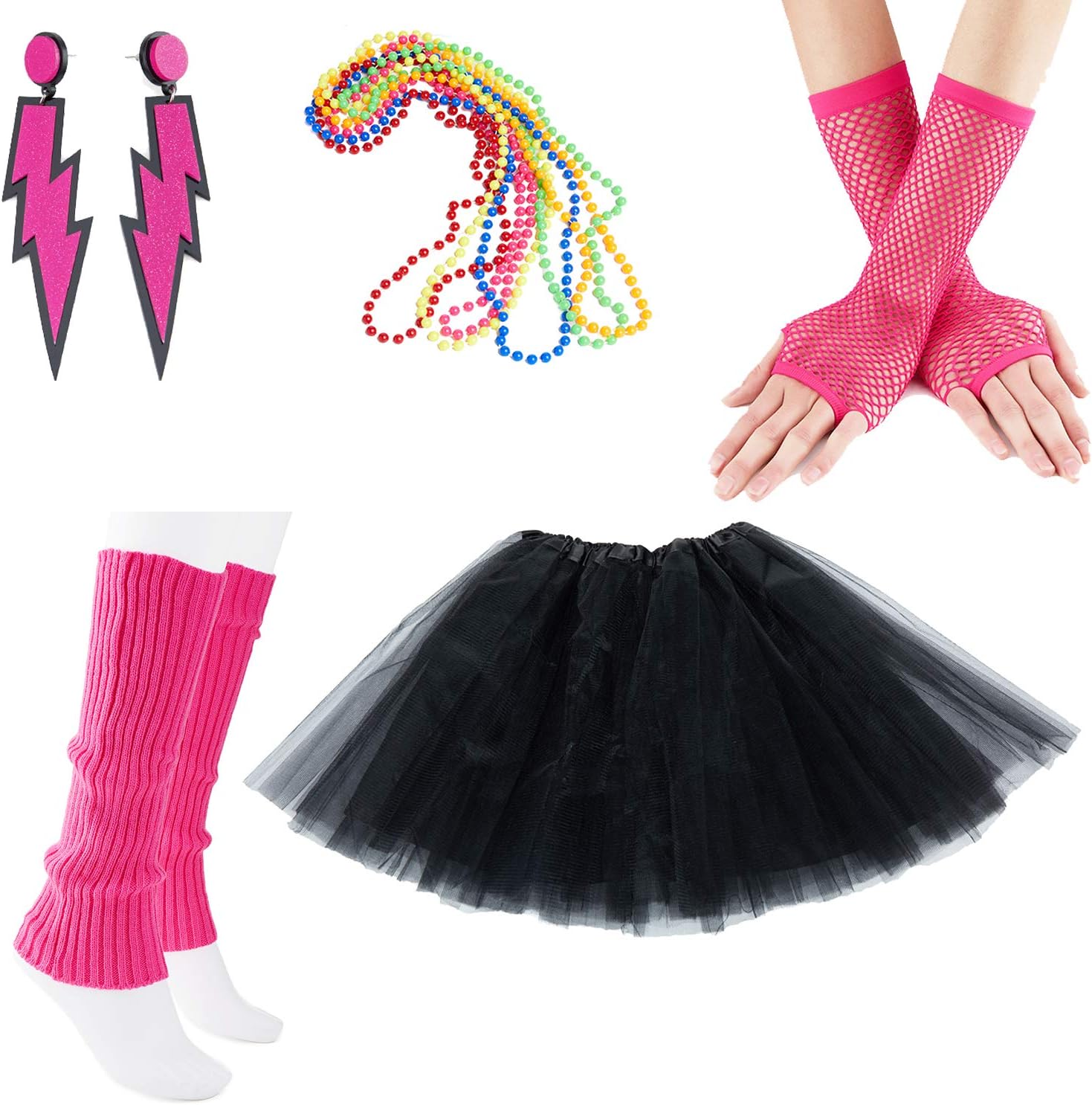 80s Fancy Outfit Costume Accessories Set,Adult Tutu Skirt,Leg Warmers,Fishnet Gloves,Neon Earrings and Neon Beads