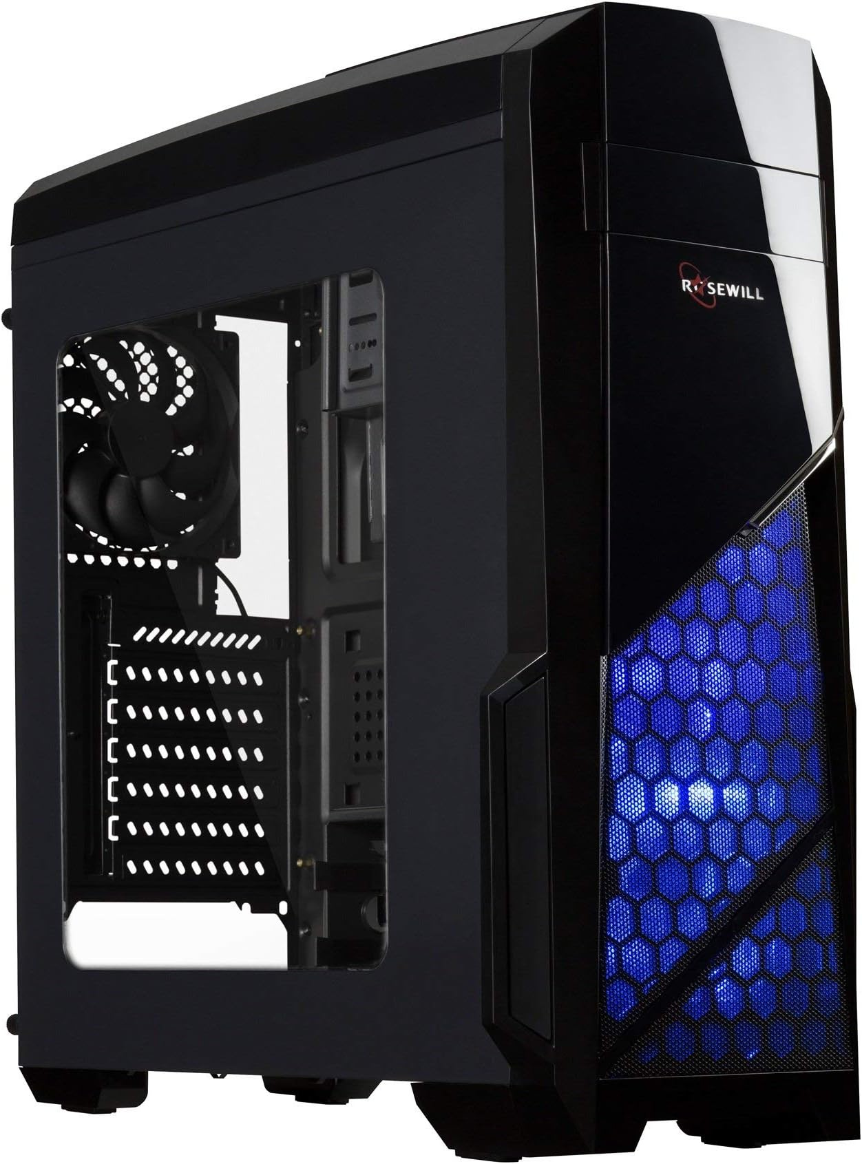 Rosewill ATX Case, Mid Tower Case with Blue LED Fan/Gaming Case for PC with Side Window Panel & 3 Fans Pre-Installed, Computer Case 2 x USB3.0 Port - Nautilus (Renewed)