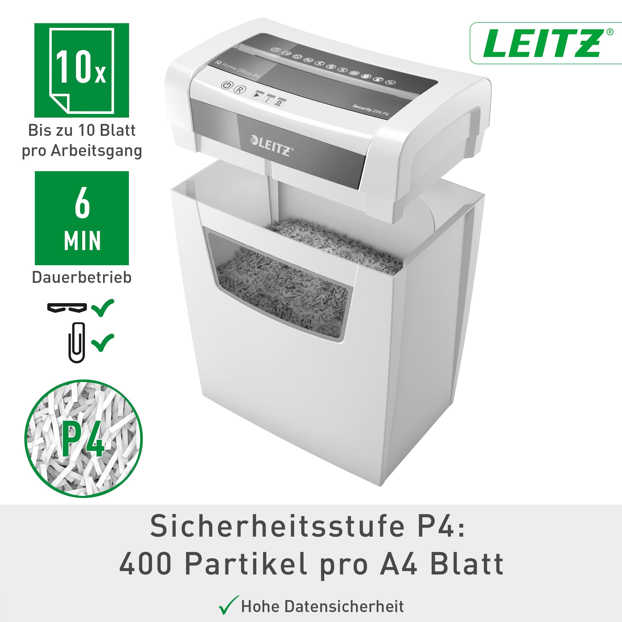 Leitz IQ Aktenvernichter Home Office, 12-10 Blatt (70-80 g/m²), TÜV+GS zertifiziert, Partikelschnitt, Sicherheitsstufe P4, Die Nummer 1 am Markt, 23L Behälter, Schredder für Büro, Weiß, 80090000 2