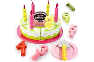 Bravmate Wooden Cutting Birthday Cake for Kids, DIY Pretend Play Food Set for Toddlers 1-6 Years Old, Learning Educational Montessori Party Toys for Boys Girls Gifts