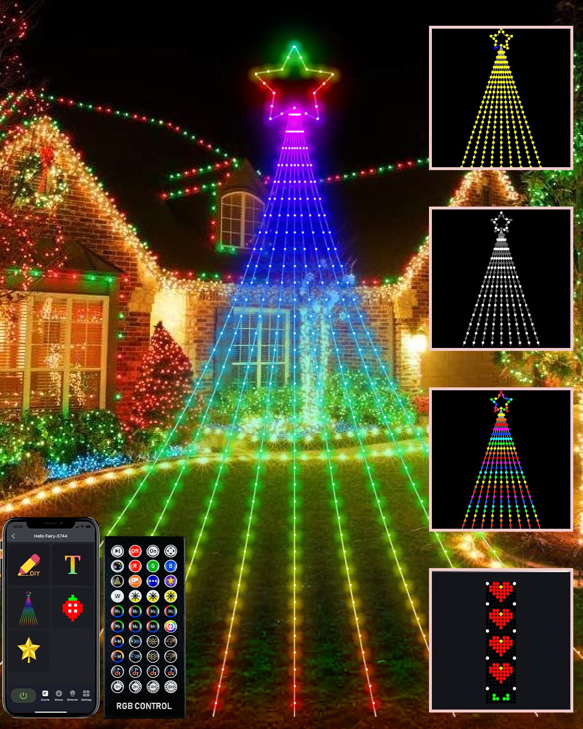 Outdoor Christmas Decorations Lights with Star, Valentines Day Smart DIY Custom Display 3.6M 64 Modes Yard Waterfall Tree String Lights, App Control 344LED RGB Colour Changing Music Timer Tree Decor