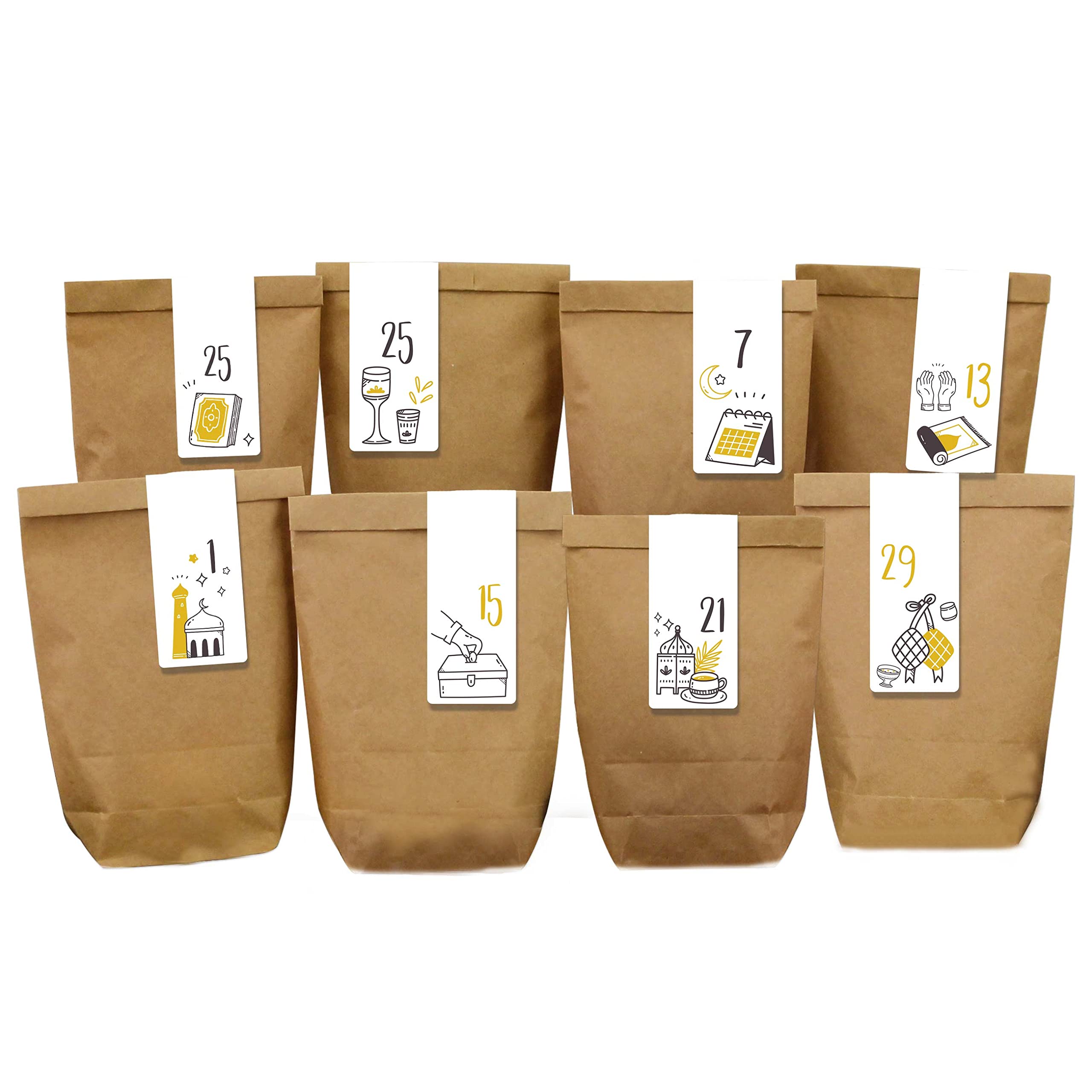 Papierdrachen DIY Ramadan Calendar for Filling, Kraft Paper Bags with Stickers, 30 Gift Bags for Standing and Decorating, Eid Mubarak, Reusable