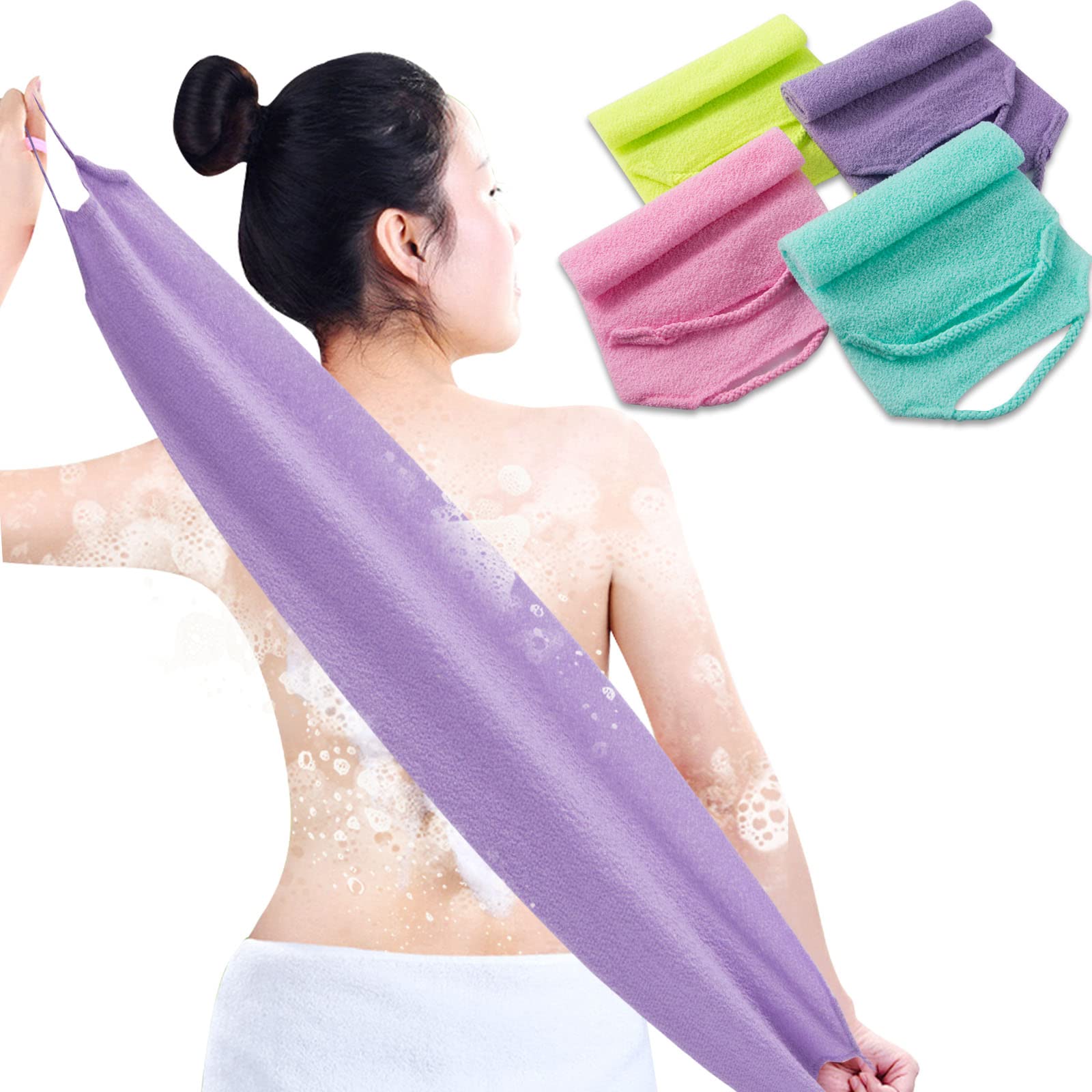4 Pcs Exfoliating Back Scrubber with Handles,Nylon Back Exfoliator Extended Length Back Washers Stretchable Exfoliating Washcloth Pull Strap Shower Scrubber for Body Cleans Skin Massages