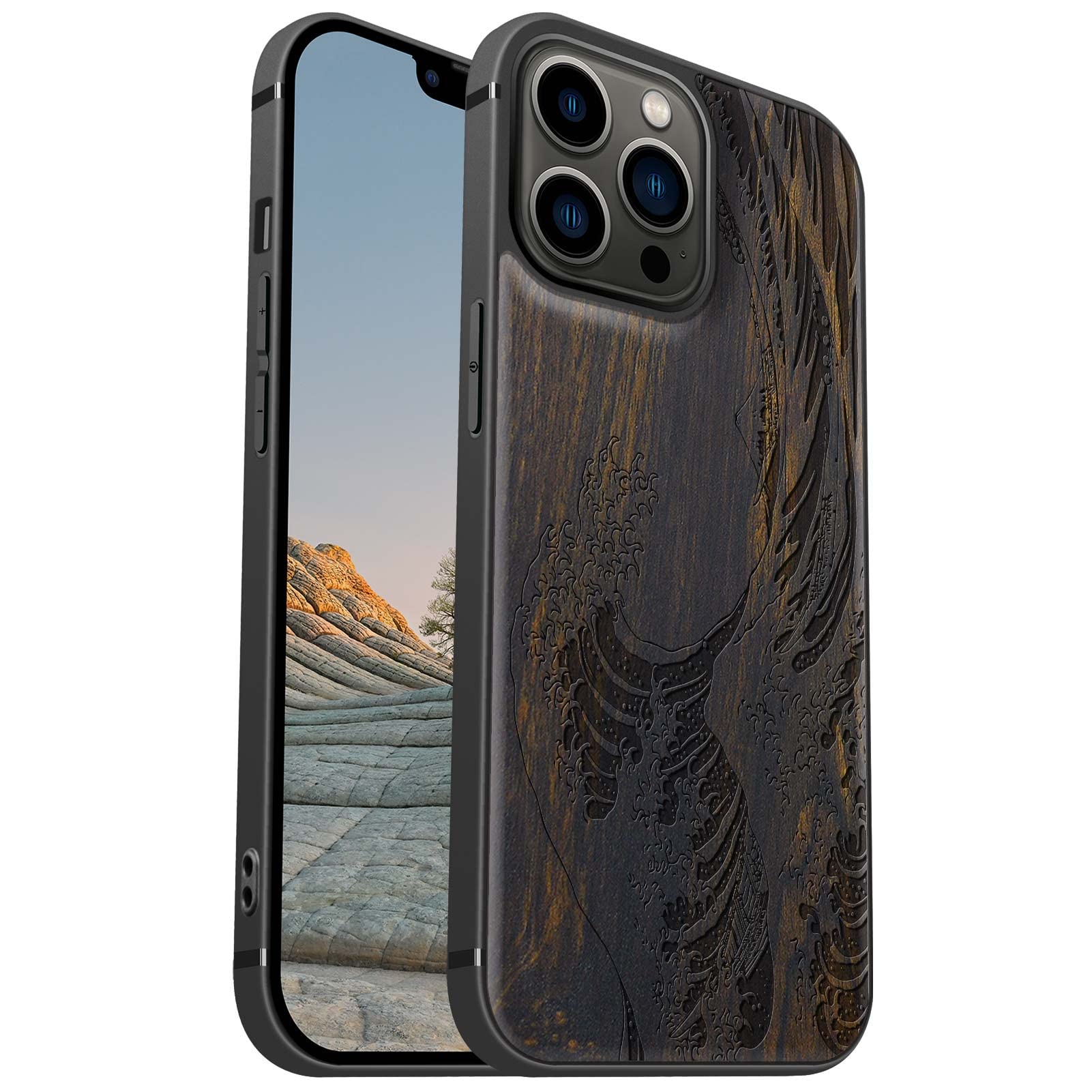 Carveit Magnetic Wood Case for iPhone 13 Pro Max [Hard Real Wood & Soft TPU] Shockproof Protective Cover Wooden Design Bumper Case Compatible with MagSafe (Wave Kanagawa-Blackwood)