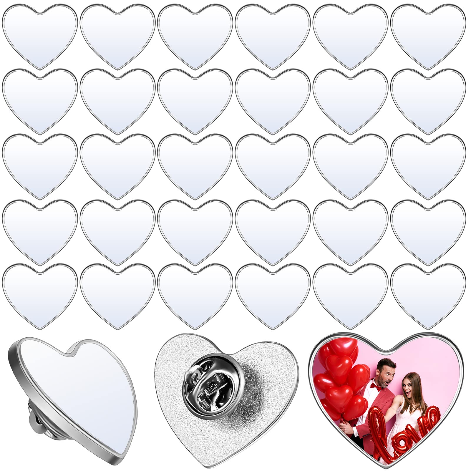 Photo 1 of 30 Pcs Sublimation Blank Pins DIY Button Badge Kit Sublimation Silver Blank Aluminum Sheet with Butterfly Pin Backs for DIY Craft Jewelry Lapel Making Supplies Valentines Day Gift(Heart, 0.75)