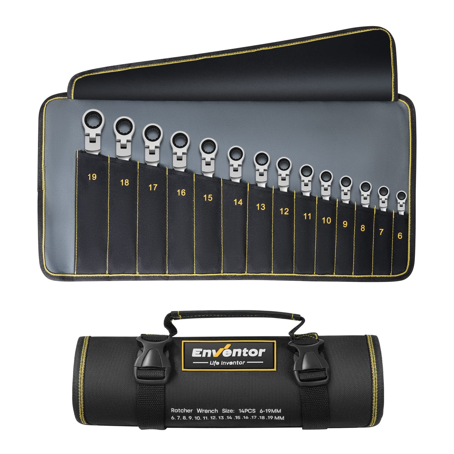 Enventor Schraubenschlüssel-Ratschenset, 14-teilig, 6-19mm, Ringmaulschlüssel, Gabelschlüssel-Ringmaul-Schlüssel-Set, 72 Zähne, 5° Schwenkbereich, Chrom-Vanadium-Stahl, Oxford-Tasche 7
