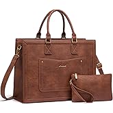 LOVEVOOK Laptop Tote Bag for Women, 17.3 Inch Work Bags, Vintage Leather Tote Bag, Waterproof Computer Bags with Clutch Purse, Large Capacity Messenger Bag for Teacher College Business Office