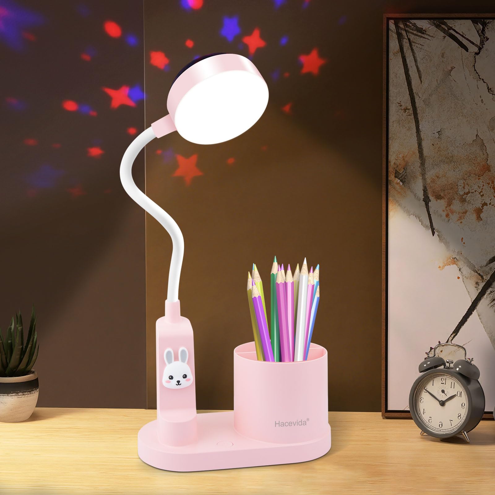 Hacevida Pink Kids Rabbit Lamp with Star Projector/3 Brightness Levels/Pen Holder, 2000mAh Rechargeable Led Table Desk Lamp for Home Office Dorm Working Reading Study, Ideal Birthday Christmas Gifts