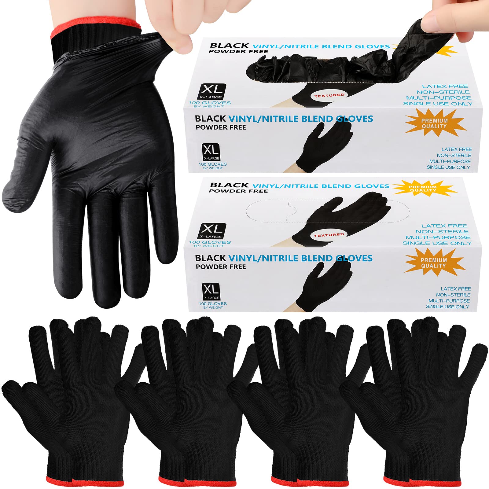 Photo 1 of 200 Pcs Black Disposable BBQ Nitrile Gloves with 4 Pairs Cotton Liners Grilling Cooking Cleaning Gloves for Smoker Meat(X-Large,Black, Dark Gray)
