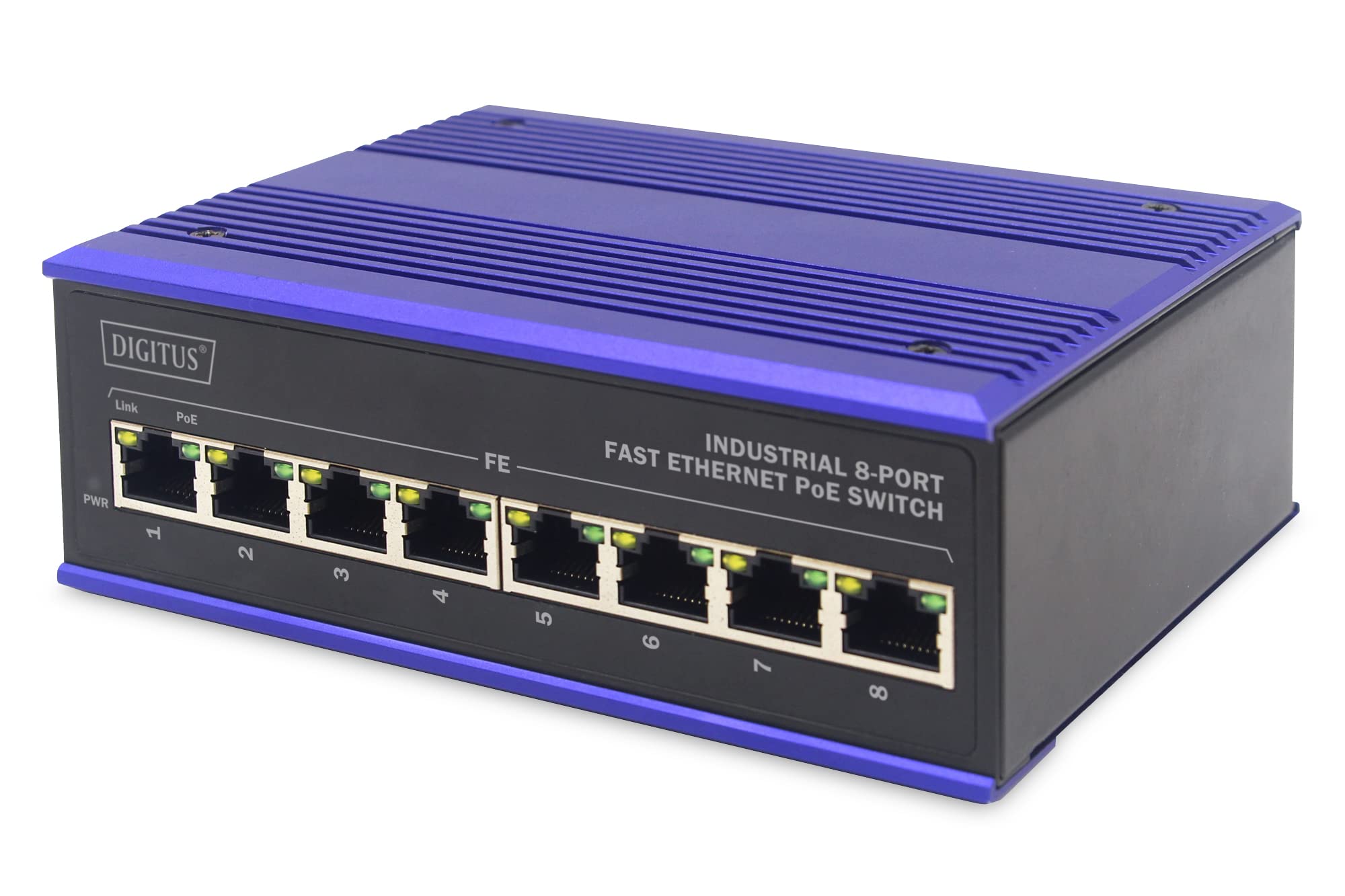DIGITUS PoE Network Switch - 8-Port Fast Ethernet - DIN Rail Mounting - Terminal Block - Fanless - Black/Blue