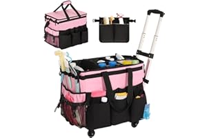 OUDUCK Rolling Cleaning Caddy, Cleaning Supplies Organizer with Cleaning Caddy Apron, Large Cleaning Caddy Bag with Detachable Trolley, Handles and Shoulder Strap for Cleaners Housekeepers, Pink