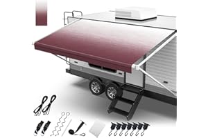 FONZIER RV Awning Fabric Replacement, 18.5oz Heavy Duty Vinyl, with Tie Down Kits & 7 Hooks & Pull Strap for Trailer Camper- 18'(Fabric 17'2"), Burgundy Fade
