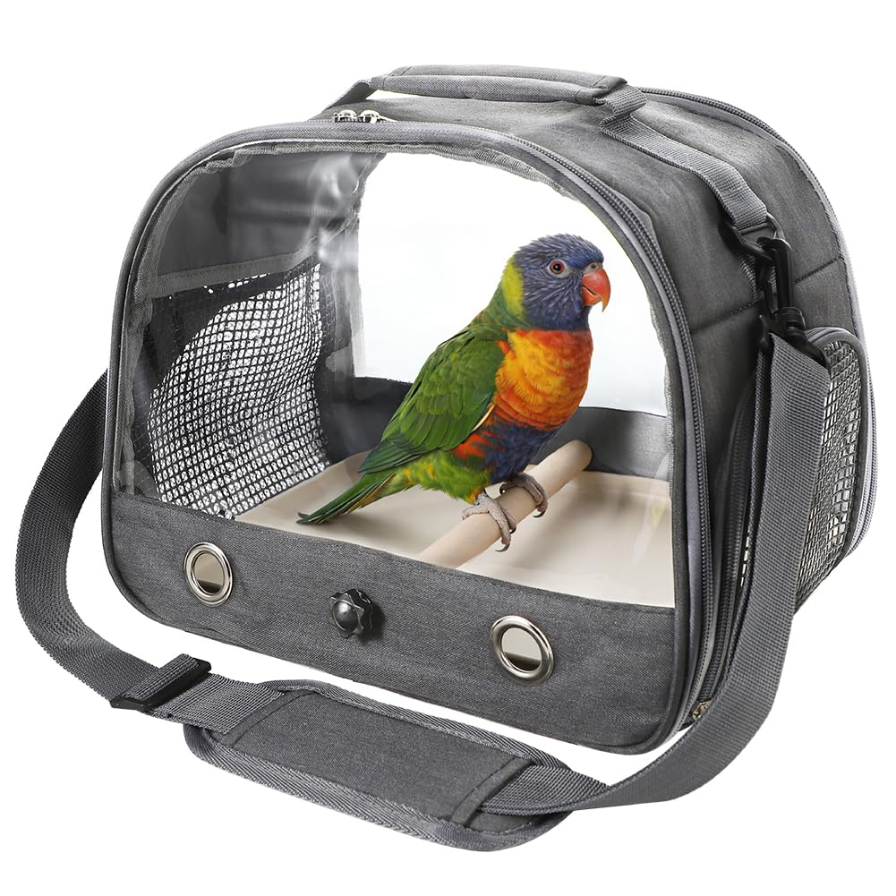 Bird Travel Cage Portable Small Parrot Carrier Transparent Breathable PVC Small Pet Birds Backpack with Shoulder Strap Animal Travel Shoulder Bag With Wooden Stick