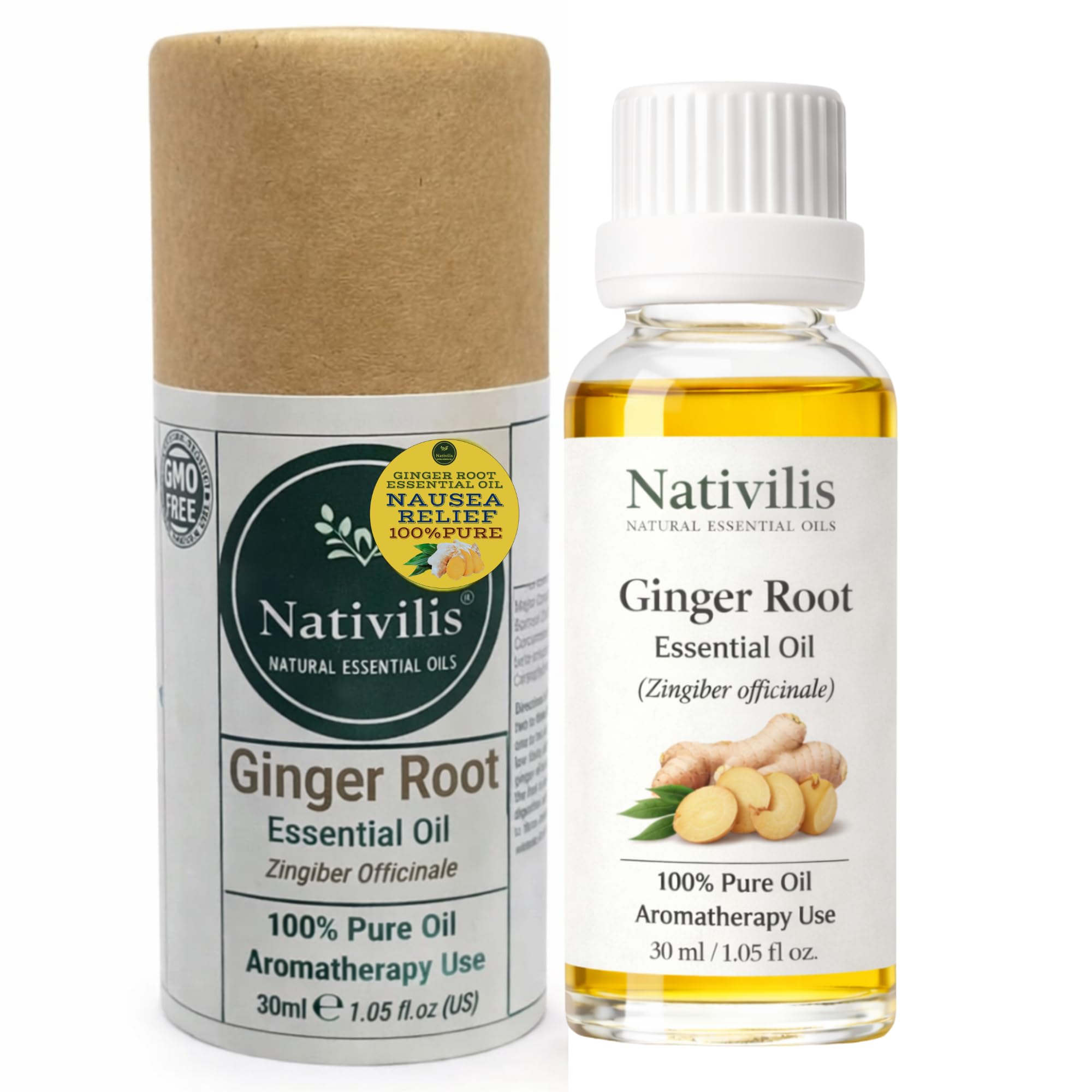 Nativilis Ginger Root Essential Oil (Zingiber Officinale) - Anti-inflammatory relieve nausea - promote hair health and growth and skin care - Copaiba properties 30ml