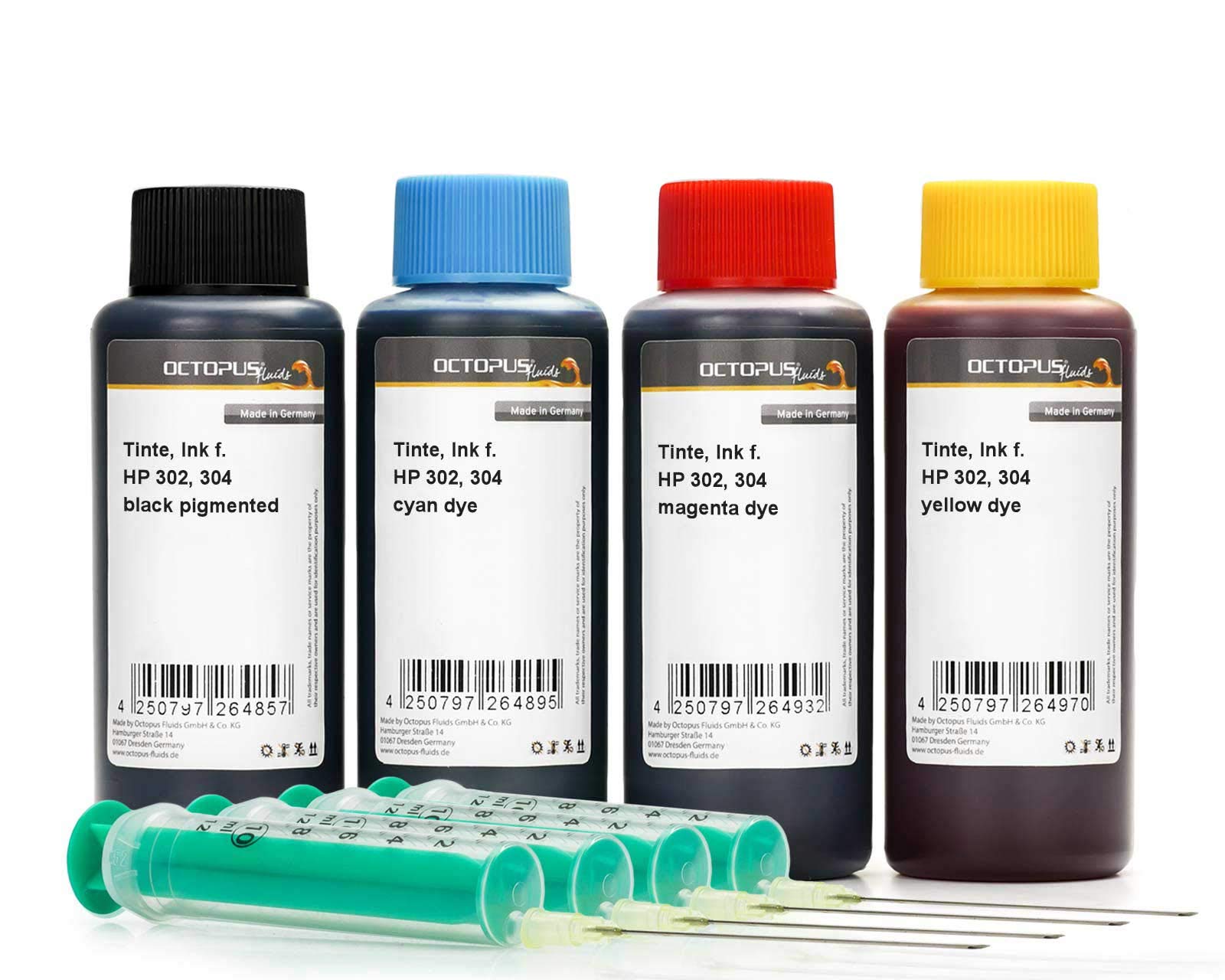 4x 100ml printer ink compatible for HP 302, HP 304 ink cartridges black, cyan, magenta, yellow, complete set with refill ink, refill syringes and gloves (no OEM)