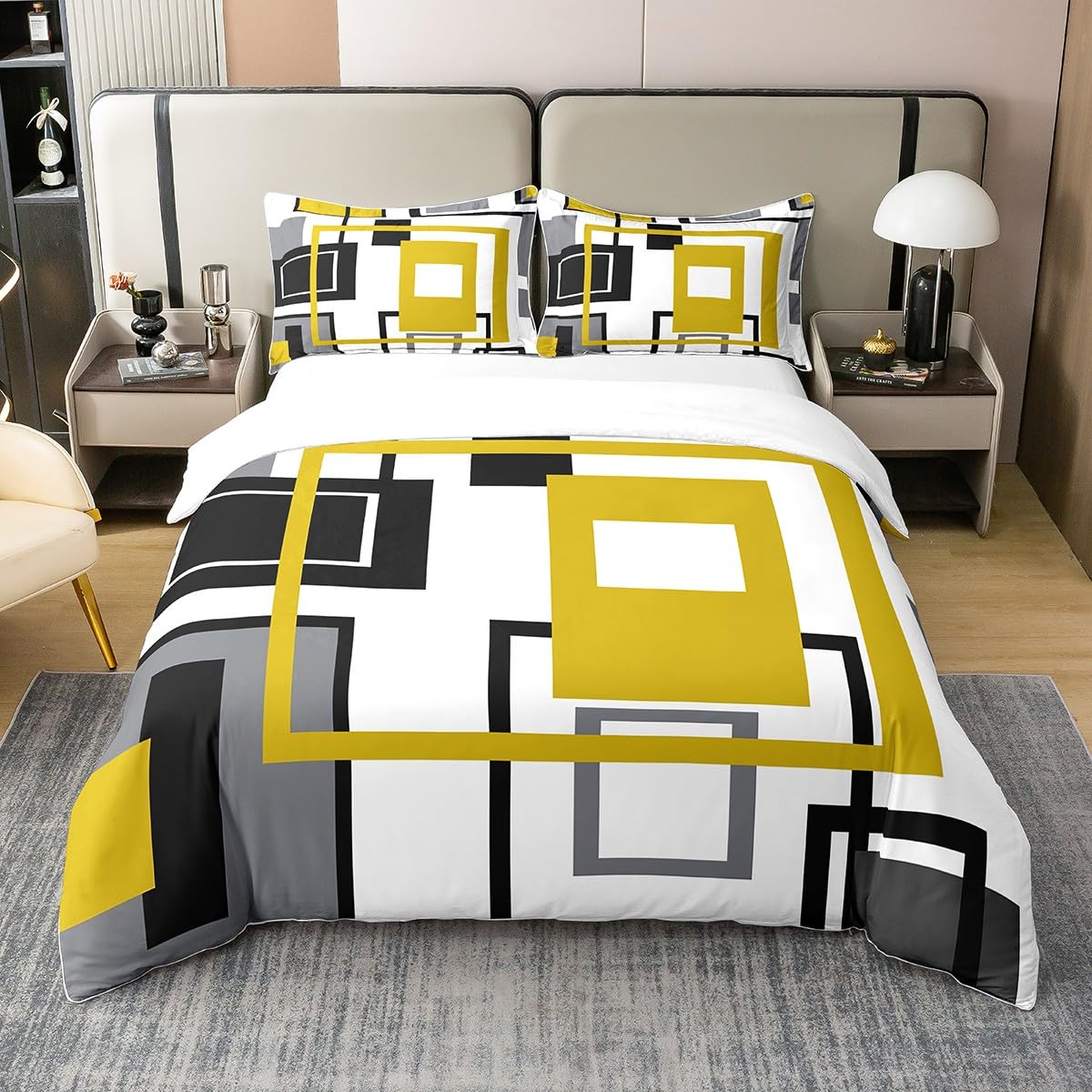 100% Organic Cotton Abstract Duvet Cover Geometric Square Striped Bedding Set Black White Yellow Grey Comforter Cover for Kids Adults,Modern Simple Bed Set 2 Pillow Cases King Size