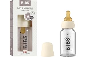 BIBS Baby Glass Bottle Complete Set 110 ml | BPA Free Natural Rubber | Made in Denmark | Ivory