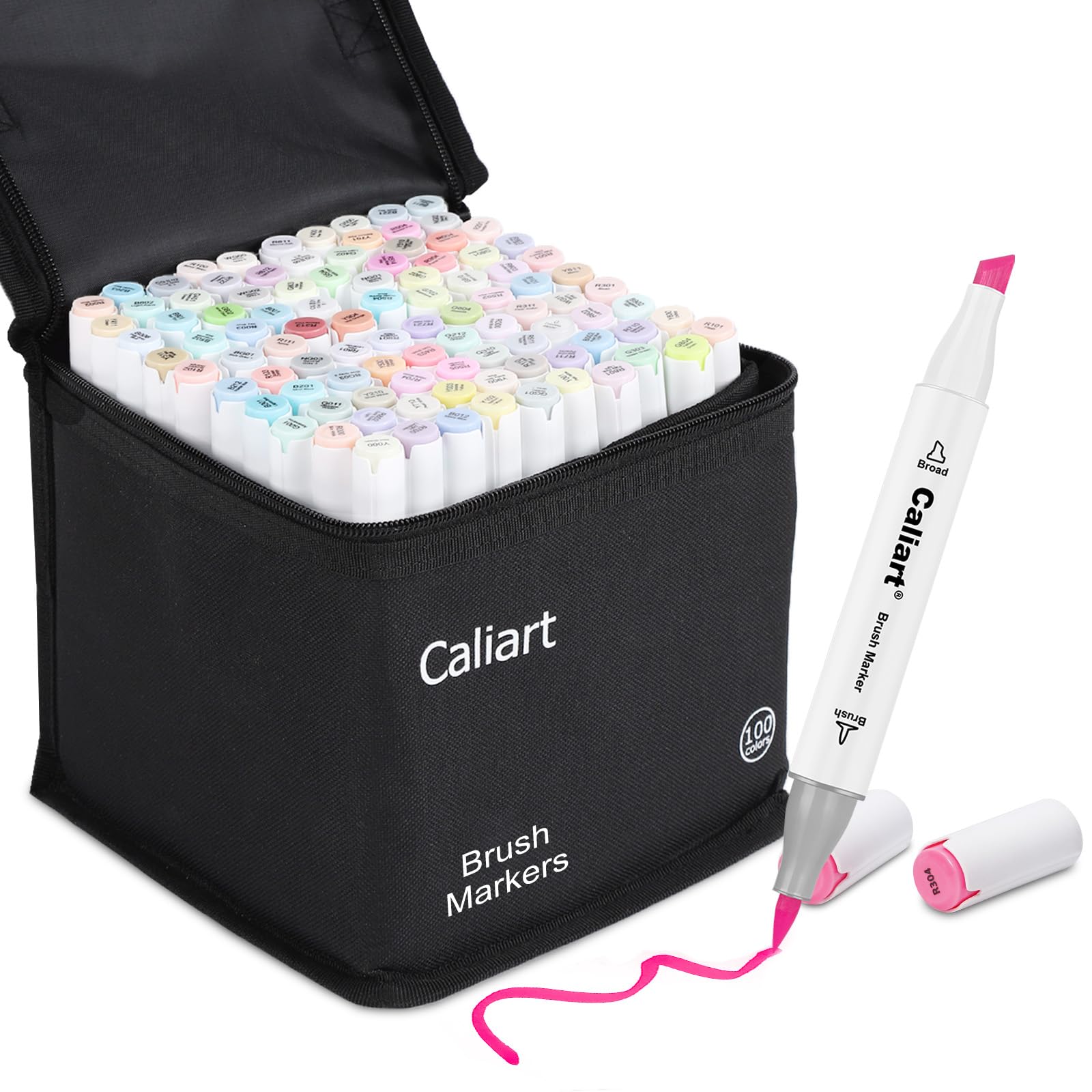 Caliart Pastel Alcohol Markers Brush Tip, 100 Colors Dual Tip Coloring Marker Pen Set Brush & Chisel, Art Supplies Kit Gift for Adults Coloring Book Artists Sketch Drawing Illustration Image