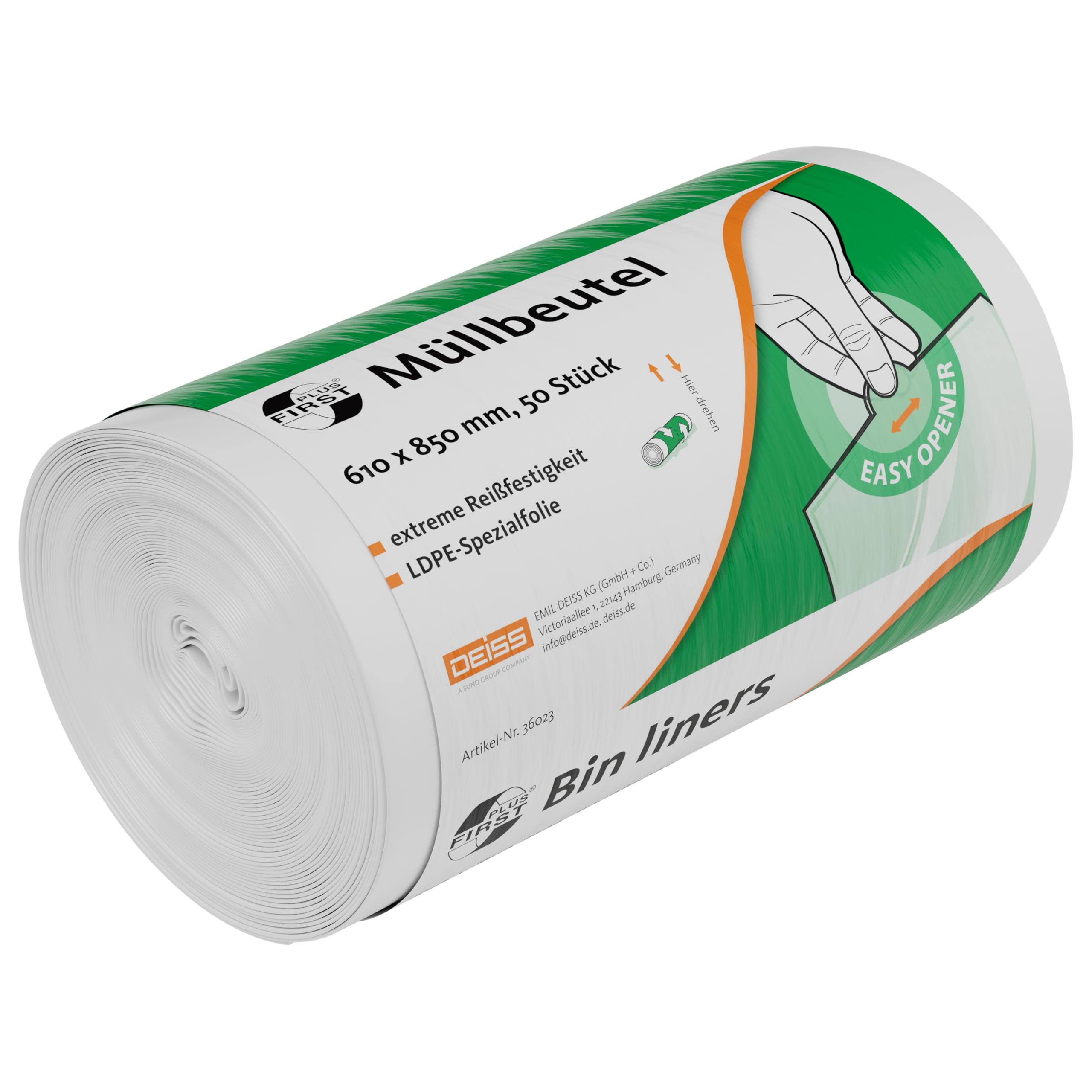 Deiss First Plus Bin Liners, White, 80 L, Pack of 50