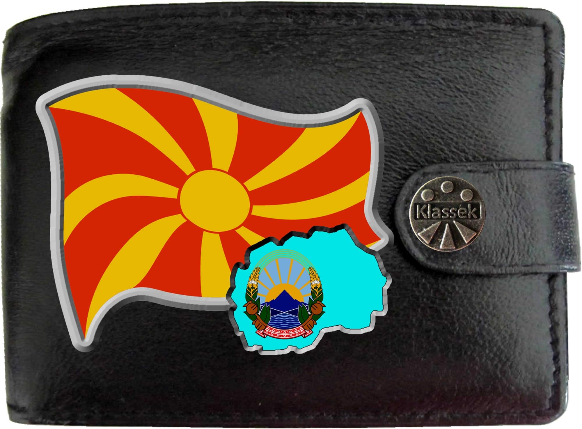 Macedonia Flag Macedonian Map and Coat of Arms COA KLASSEK Mens Wallet Real Black Leather RFID Blocking with Coin Pocket and Metal Gift Box