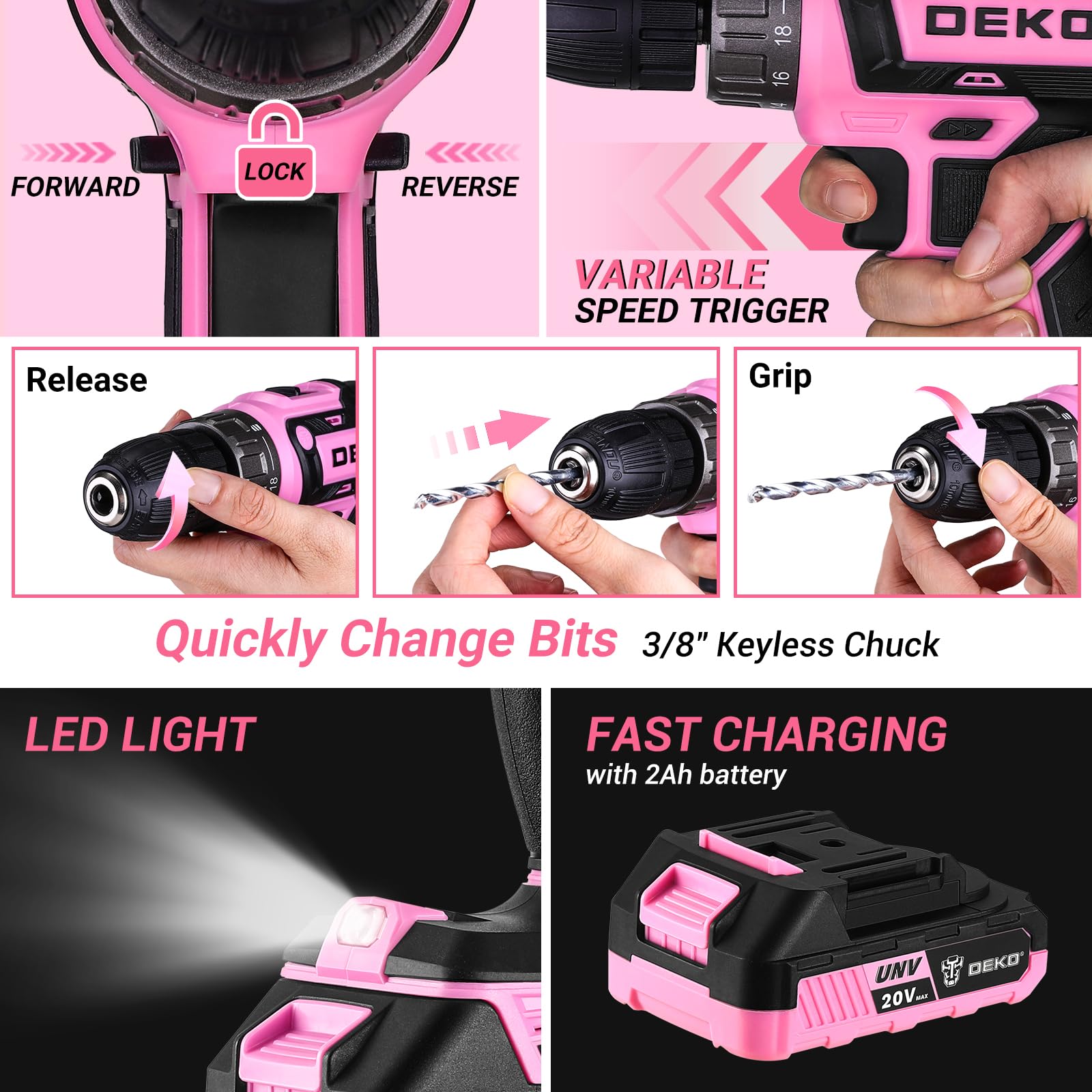 Pink Power Drill Tool Kit Set: 20V Cordless Electric Drill, Driver, Tool Box with Battery