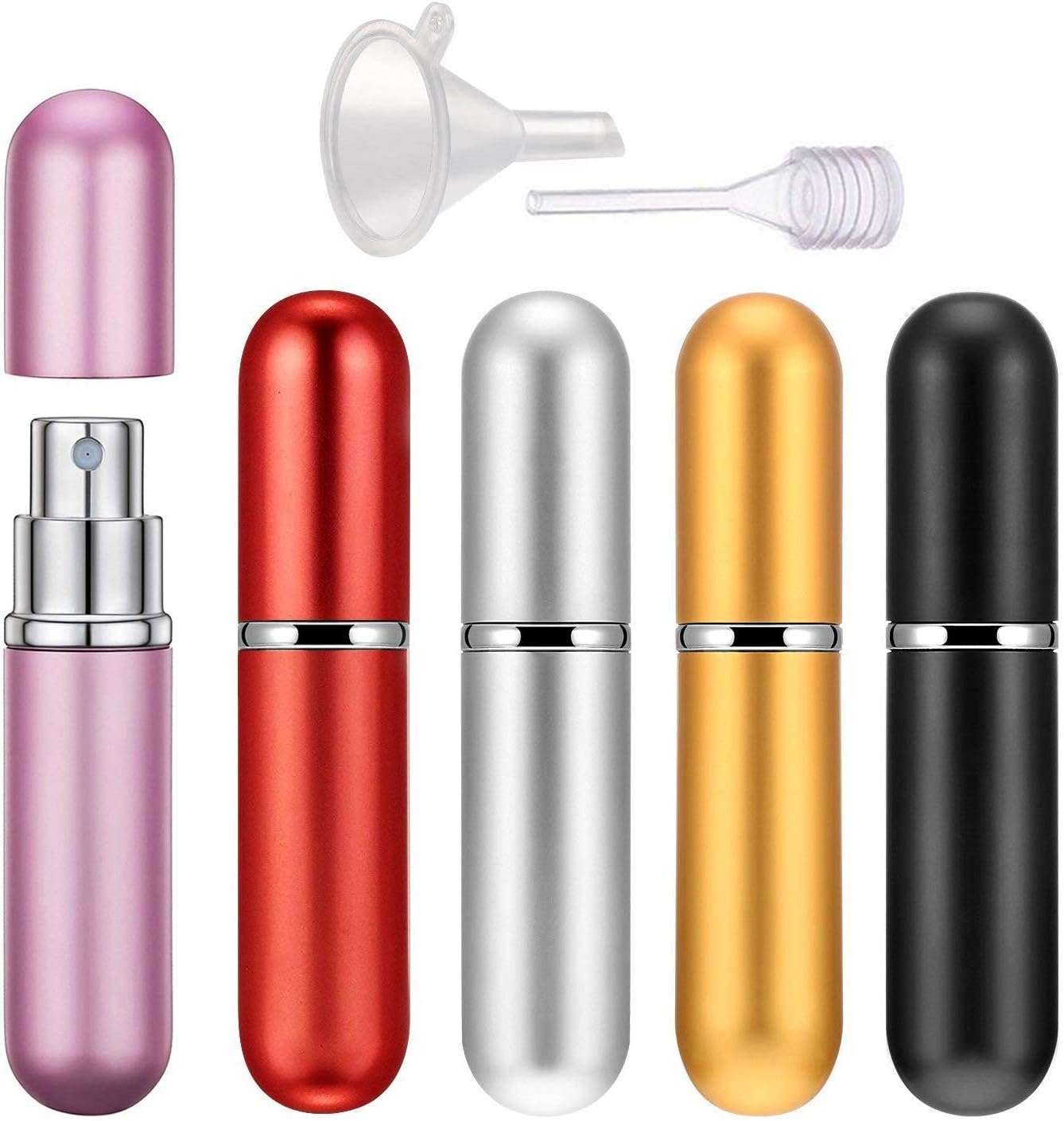 Perfume Atomiser Bottles, Nekrash 5 Pieces Perfume Atomisers Refillable Perfume Atomizer Mini Perfume Bottles Travel Fragrance Empty Spray Bottle with Funnel, Pipette & Pink Flannelette Bag, 6ml