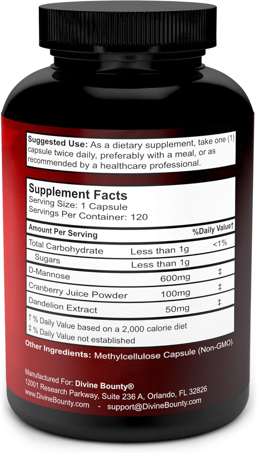D-Mannose Capsules - 600mg D Mannose Powder per Capsule with Cranberry and Dandelion Extract to Support Normal Urinary Tract Health - 120 Veggie Capsules: Health & Personal Care