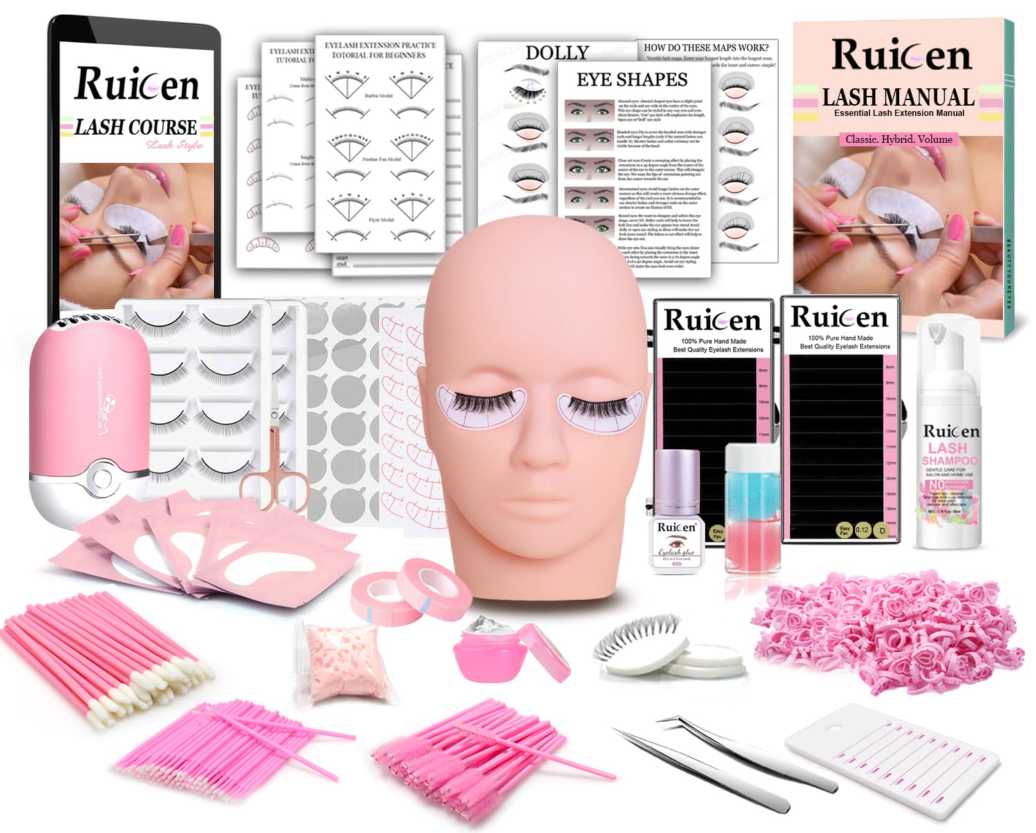 Ruicen Lash Extension Kit for Beginners With Video Tutorials, Manual, Mannequin Head, Practice Mapping Chart, and More Eyelash Extension Supplies Tools