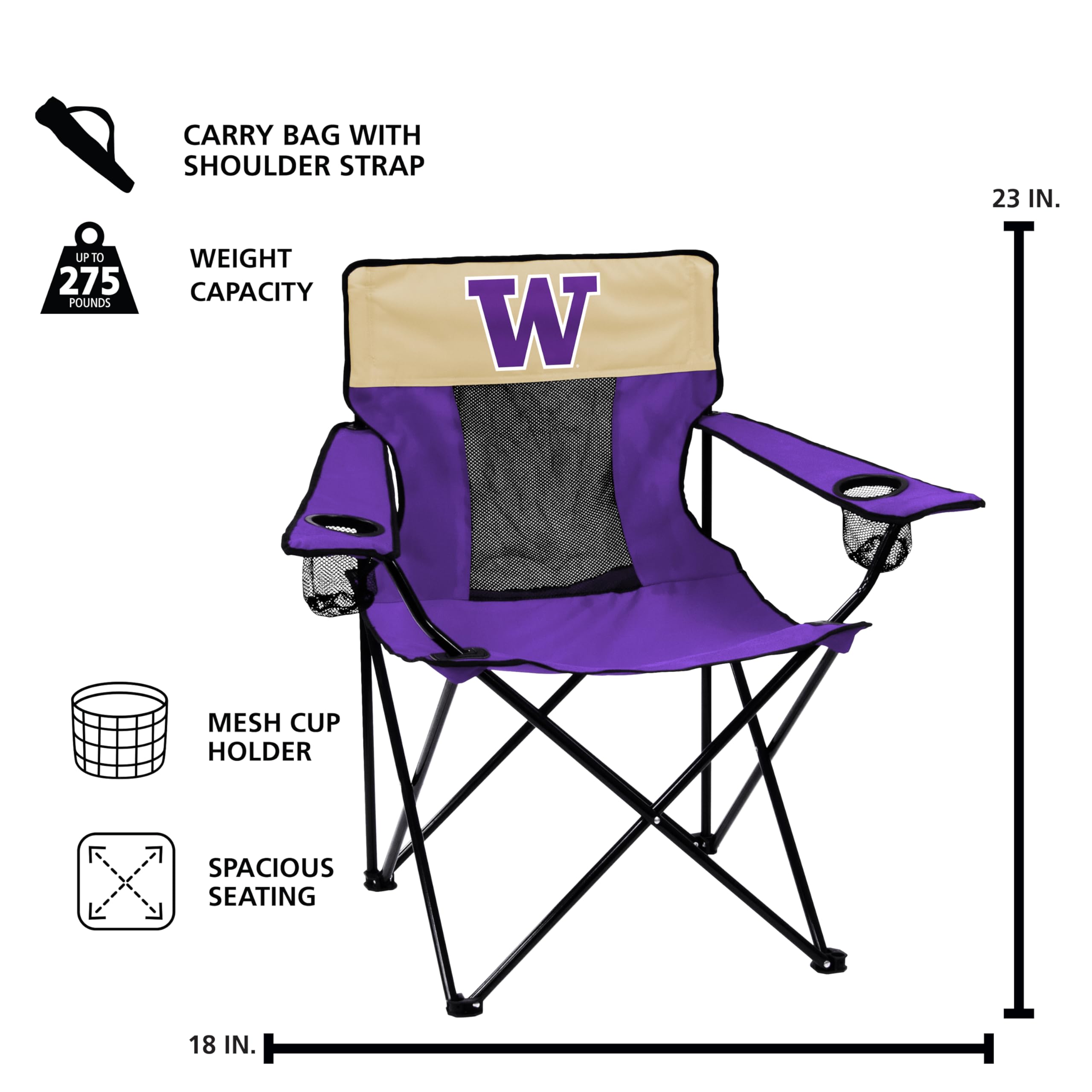 Logo Brands NCAA Washington Huskies Elite Portable Chair - Premium Outdoor Chair with Cup Holder, Powder-Coated Steel Frame, Lightweight and Portable for Tailgating,and Sporting Events