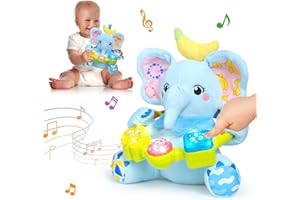 Ryotagift Baby Bilingual Musical Elephant Stuffed Animals Toys,Infant Early Learning Toy with Light-Up Music & Crinkle,Tummy Time Toys for 0 3 6 9 12+ Months for Baby Boy Girl Gift,Blue