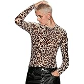 WDIRARA Men's Leopard Print T Shirt Crew Neck Long Sleeve Tee Slim Fit Tops