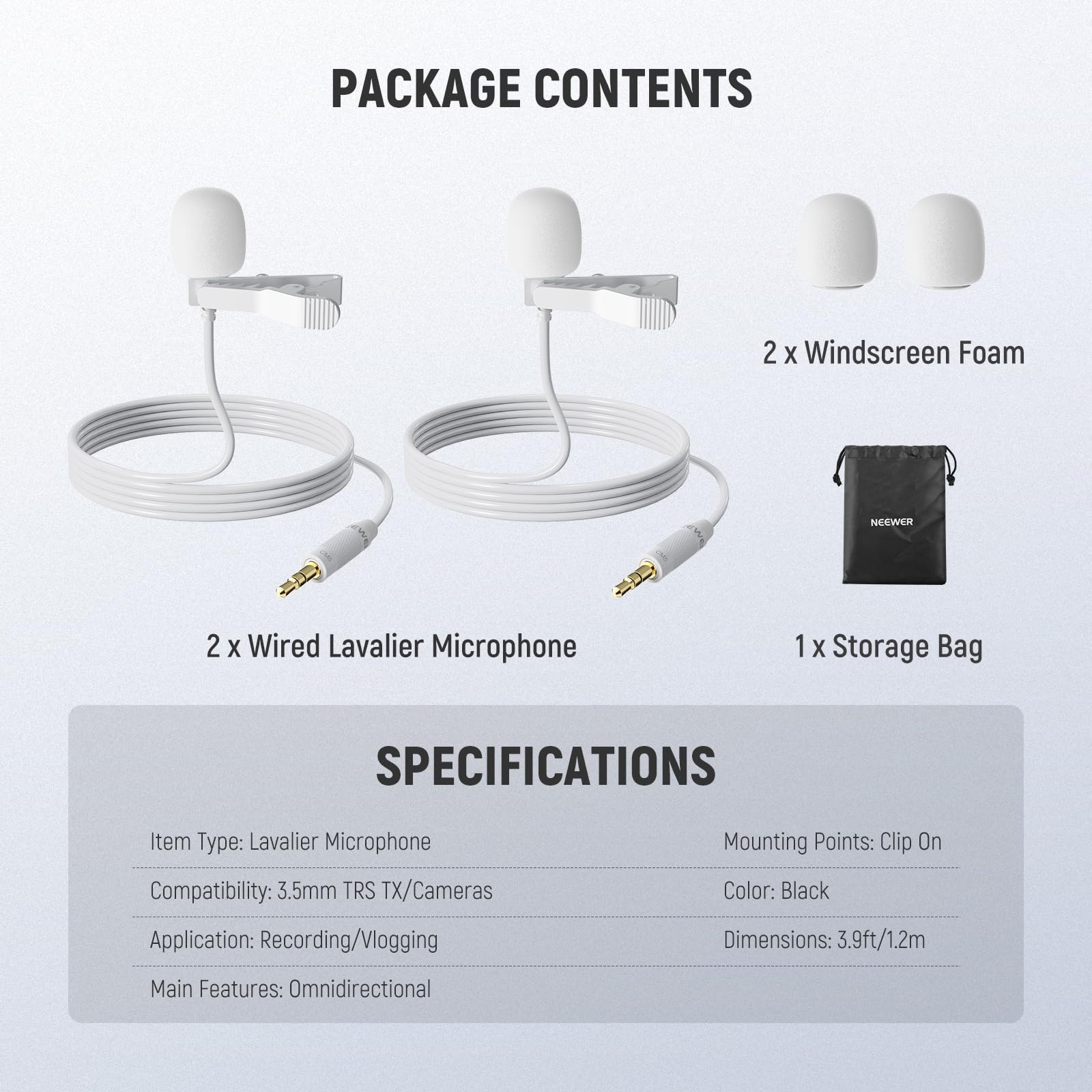 NEEWER 2 Pack Lavalier Lapel Microphone Compatible with Rode Wireless GO II 2 DJI Wireless Mic Transmitter, Omnidirectional Condenser Wired Clip On Lav Mic for Stage YouTube Live Streaming, CM5, White