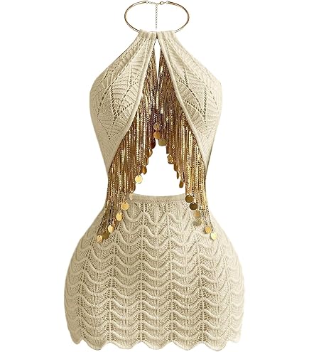 gold sequin crochet dress SOLY HUX Women's Summer Halter Mini Fringe Backless Hollow Out Knit Bodycon Beach Vacation Dresses Army Green X-Small at Amazon Women's Clothing store gold sparkly mini dress