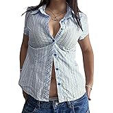 Womens Y2k Striped Button Down Shirt Collared Short Sleeve Slim Fit Blouse Tight Work Office Tops Streetwear Undershirt