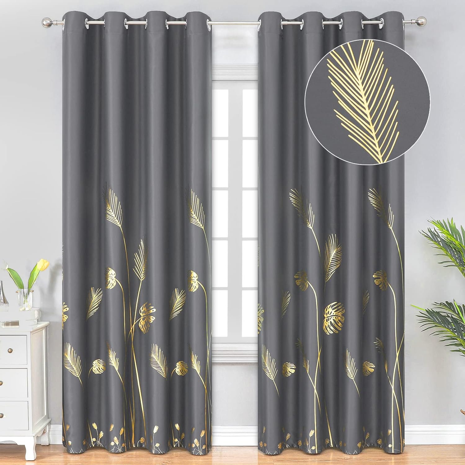 Window Treatments - Estelar Textiler Blackout Curtains & Drapes 84 Inches Length 2 Panels Set for Living Room with Gold Palm Leaf Drapes for Bedroom, 52Wx84L, Dark Grey, 1Pair