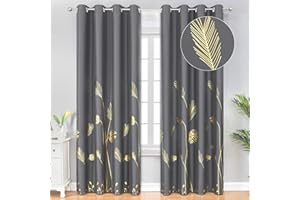 Estelar Textiler Dark Grey Blackout Curtains & Drapes 84 Inch Length 2 Panels Set for Living Room, Thermal Insulated Room Darkening Gold Palm Leaf Pattern Grommet Drapes for Bedroom, 52Wx84L,Dark Gray