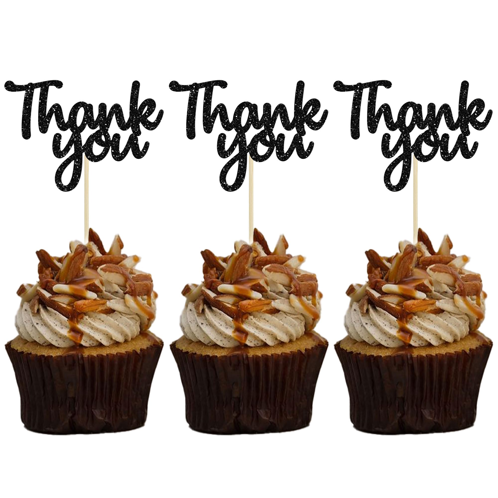 Gyufise 36 Pack Thank You Cupcake Toppers Black Glitter Thanksgiving Cupcake Picks Decorations for Baby Shower Boys Girls Birthday Party Supplies