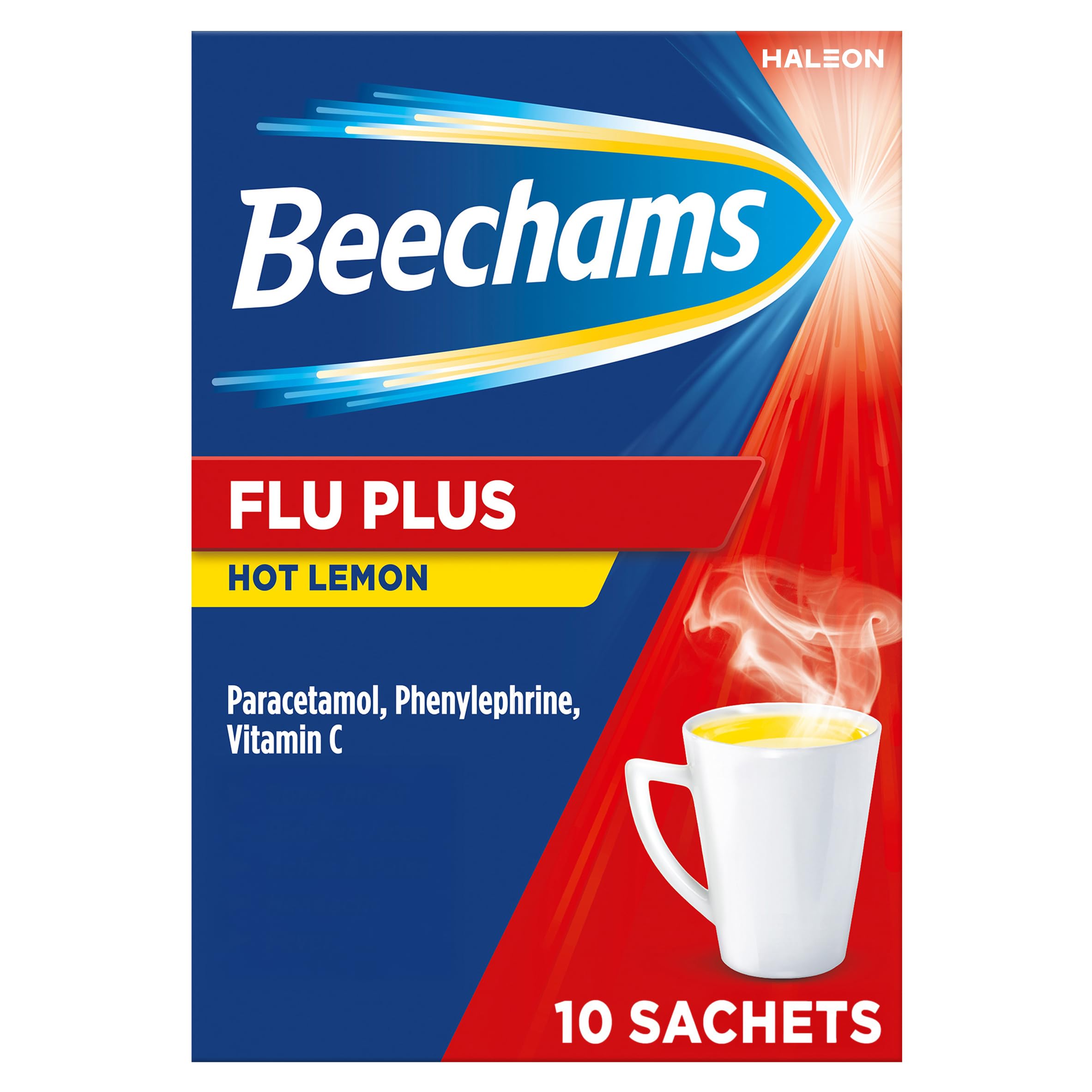 Beechams Flu Plus Hot Drink Sachets, Cold & Flu Medicine for adults, with Paracetamol, Lemon flavoured, 10s