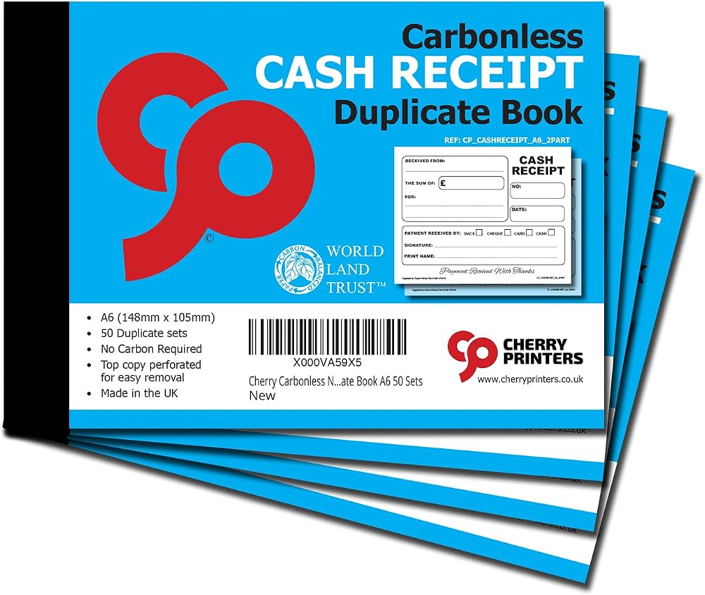 Cherry Printers Carbonless Cash Receipt Book 2pt A6 50 Duplicate Sets 4 Pack NCR