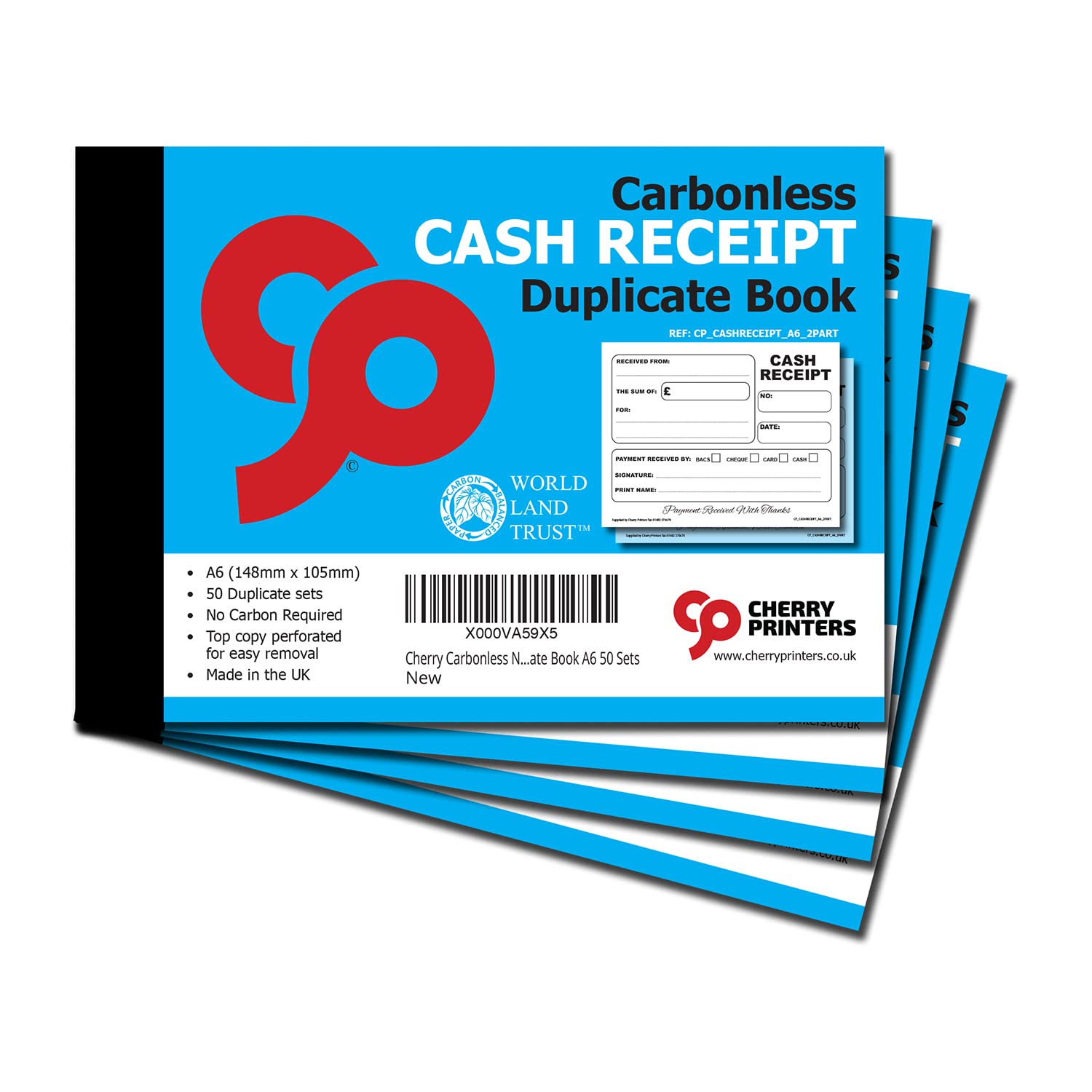 Cherry Printers | Carbonless Cash Receipt Book 2pt A6 | Duplicate NCR Receipt Book | 50 Duplicate Sets | No Carbon Required (NCR) | Perforated Tear Out Receipts | Small Business Receipt Pad **4 Pack**